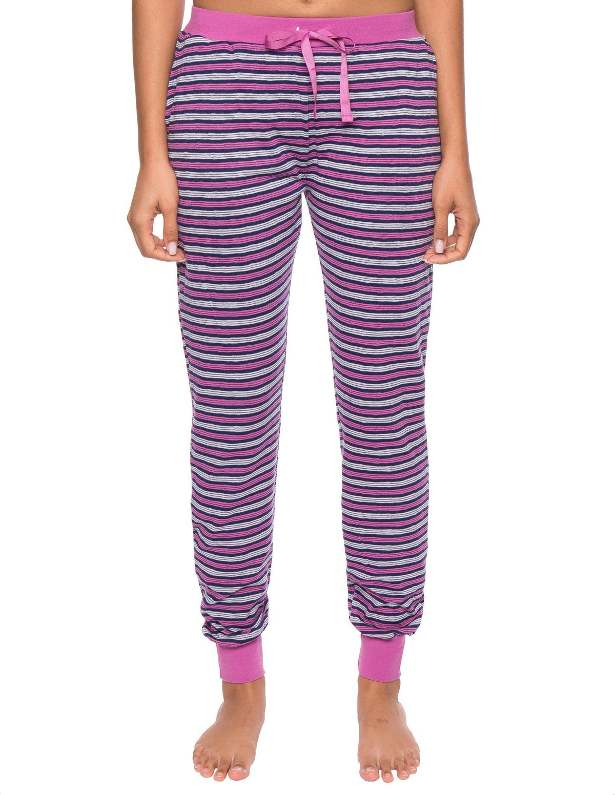 Women's Double Layer Knit Jersey Jogger Lounge Pant - Stripes Navy/Pink