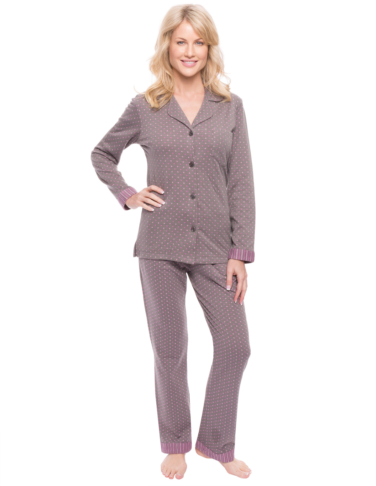Women's Double Layer Knit Jersey Pajama Sleepwear Set - Polka Dots Charcoal/Pink