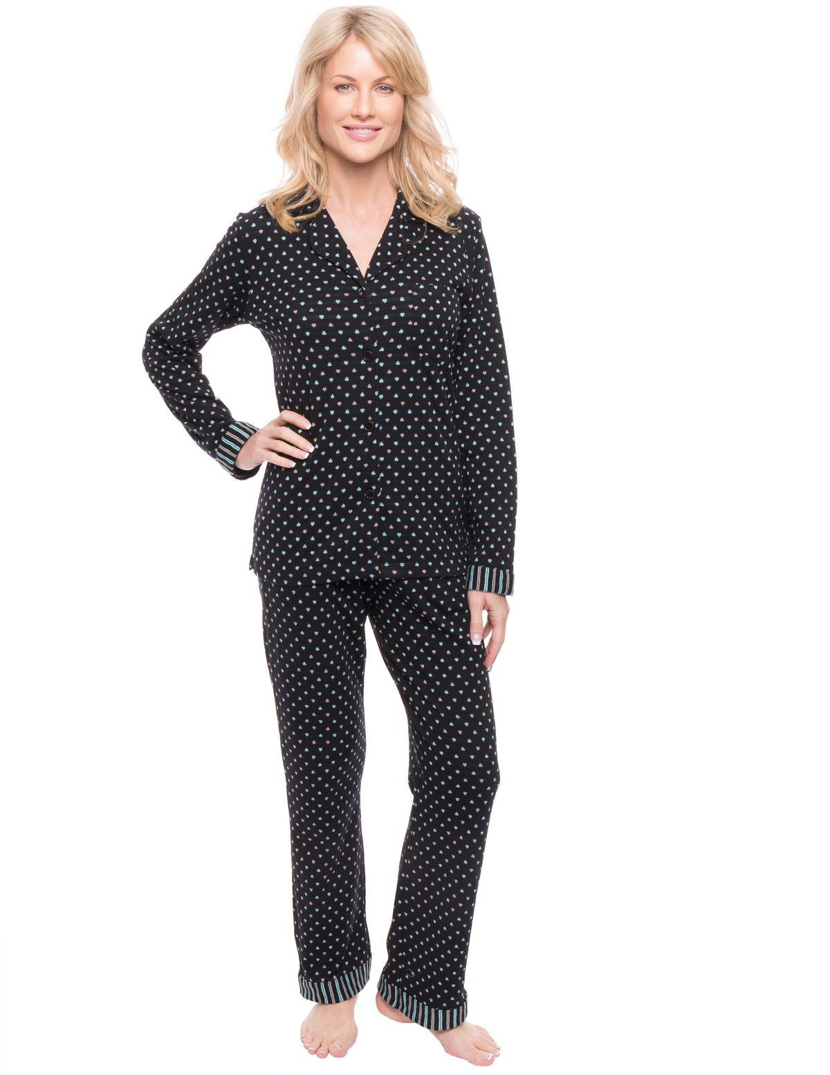 Women's Double Layer Knit Jersey Pajama Sleepwear Set - Hearts Black/Aqua