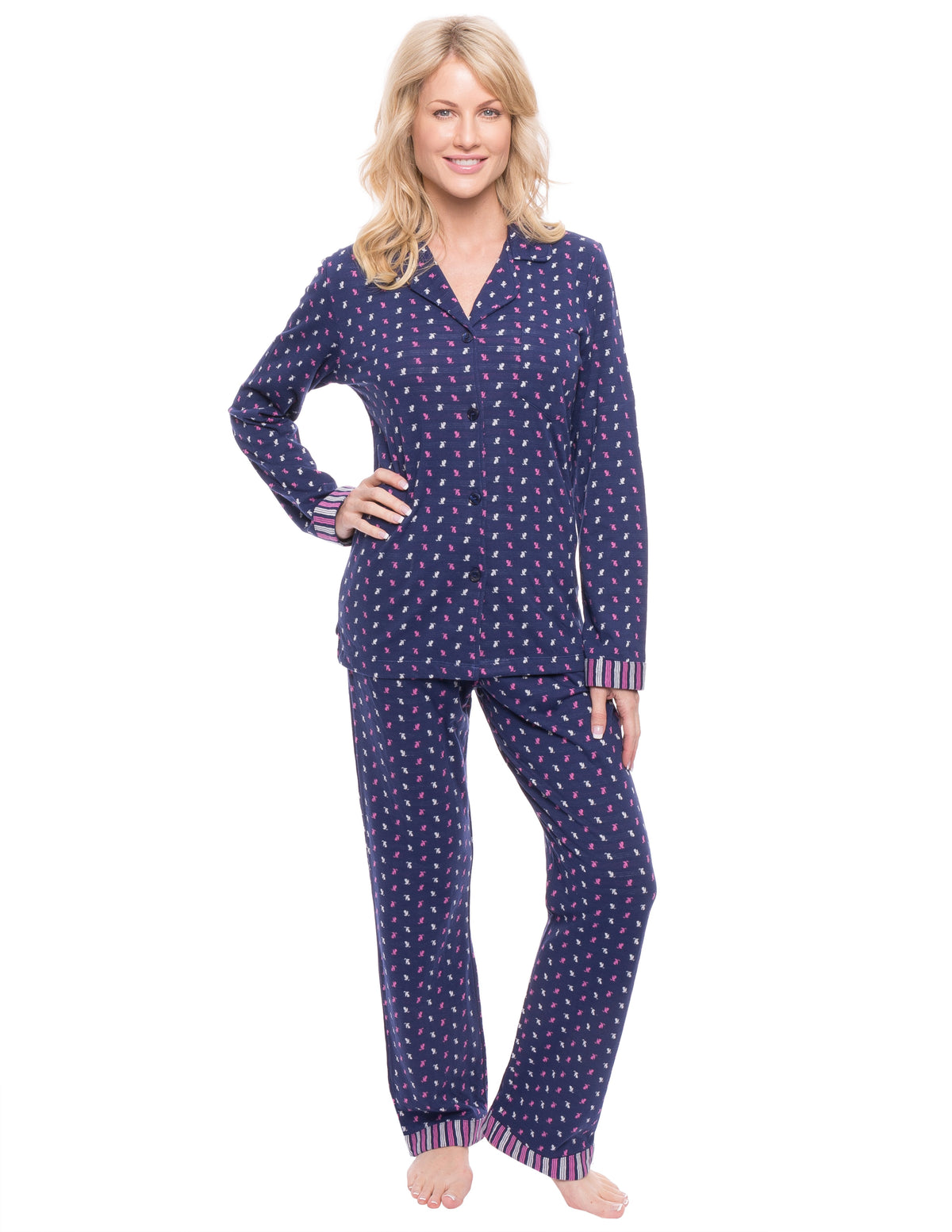 Women's Double Layer Knit Jersey Pajama Sleepwear Set - Leaves Navy/Pink