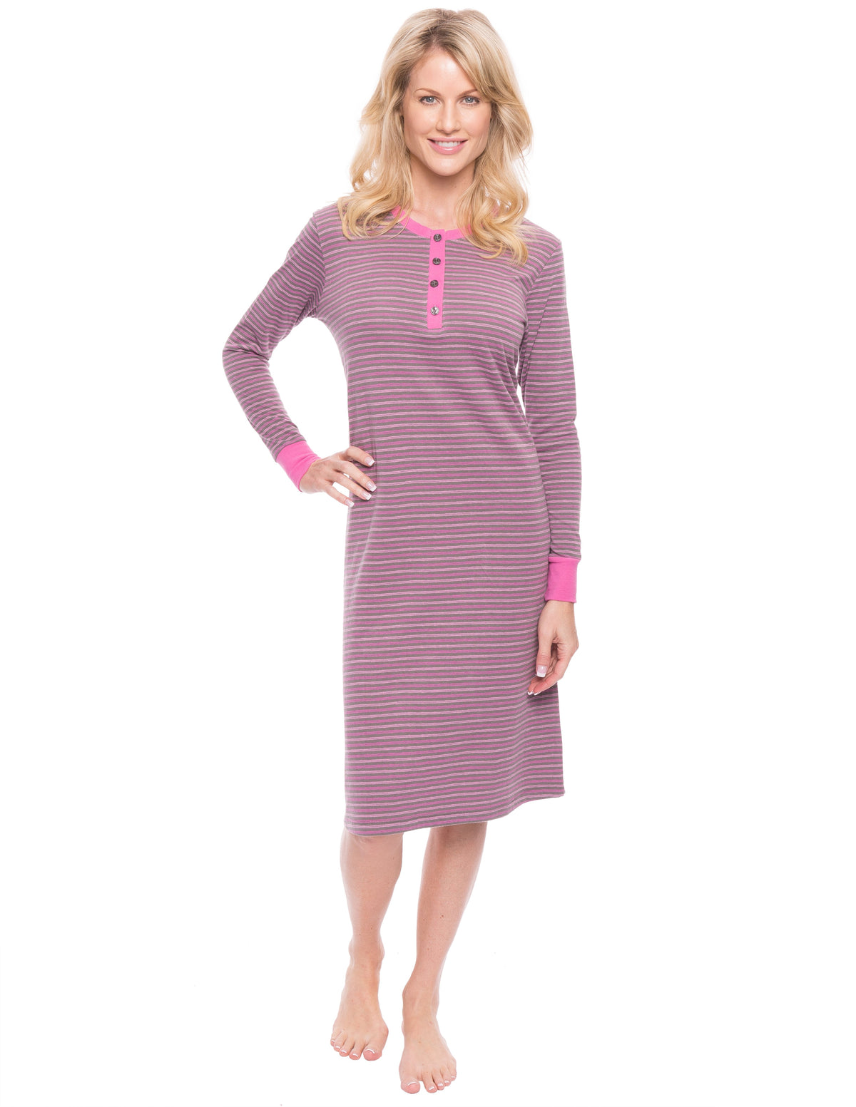 Women's Double Layer Knit Jersey Sleep Dress - Stripes Charcoal/Pink
