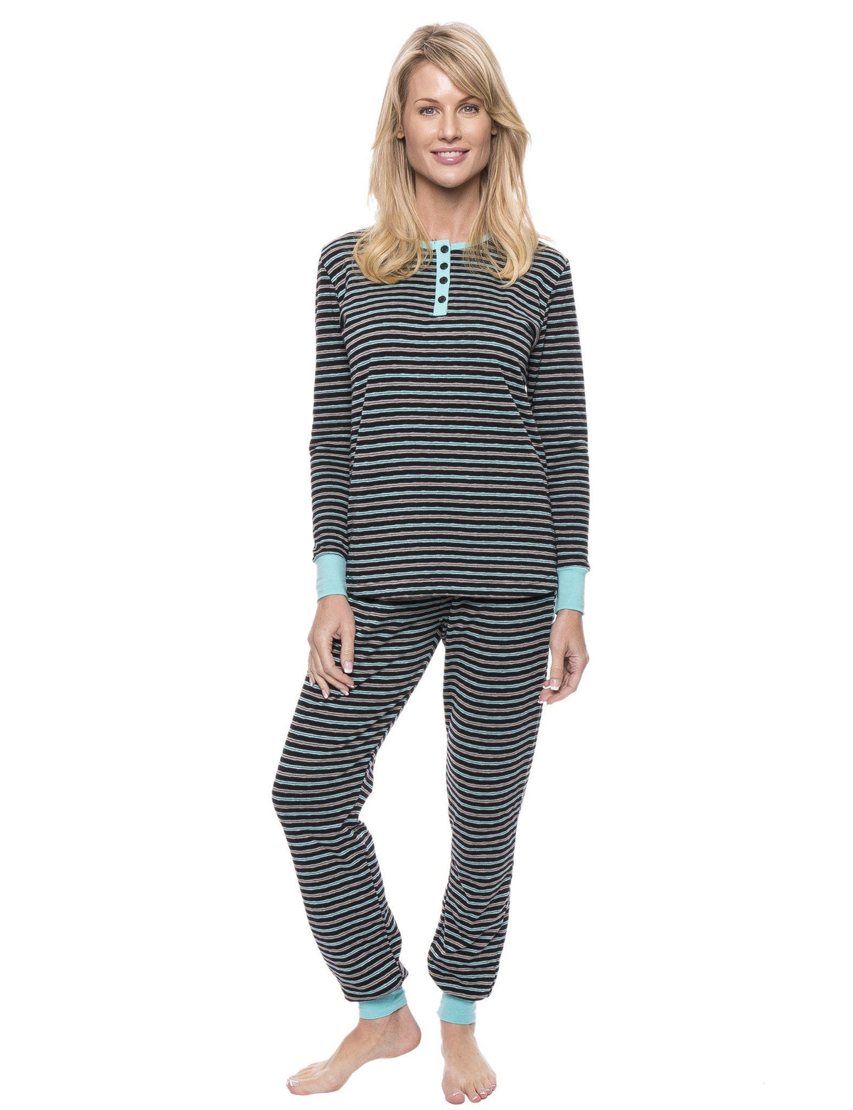 Women's Double Layer Knit Jersey Fitted Sleep Set - Stripes Black/Aqua