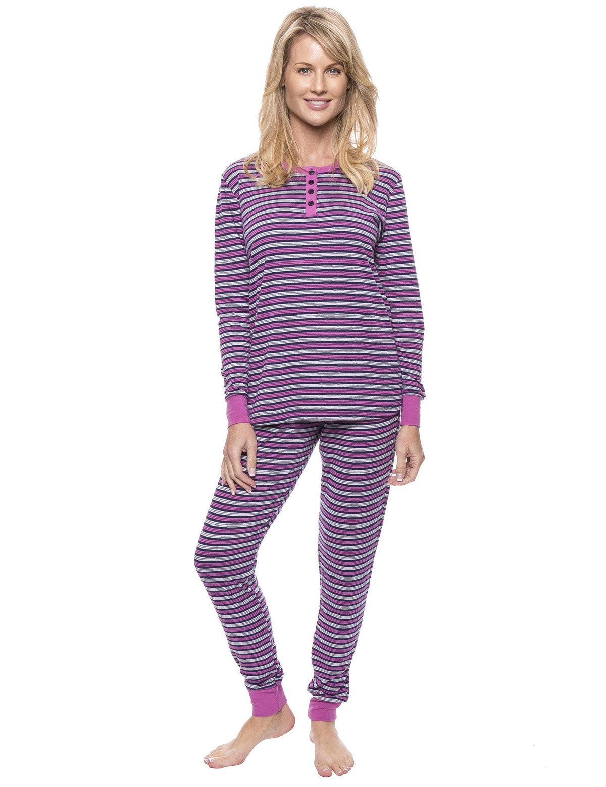 Women's Double Layer Knit Jersey Fitted Sleep Set - Stripes Navy/Pink