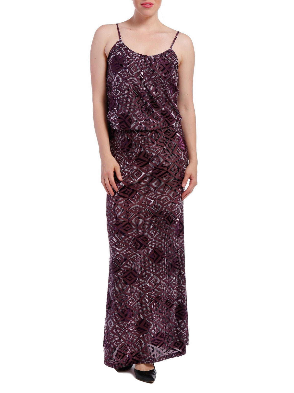 Women's Velvet Burnout Blouson Maxi Dress - Mulberry Geometric Print