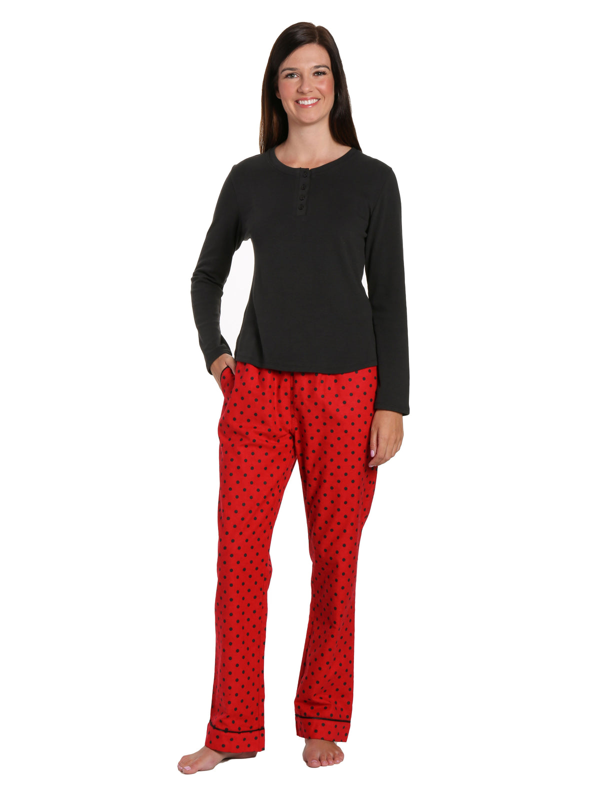 Womens Premium Cotton Flannel Loungewear Set - Dots Diva Red-Black