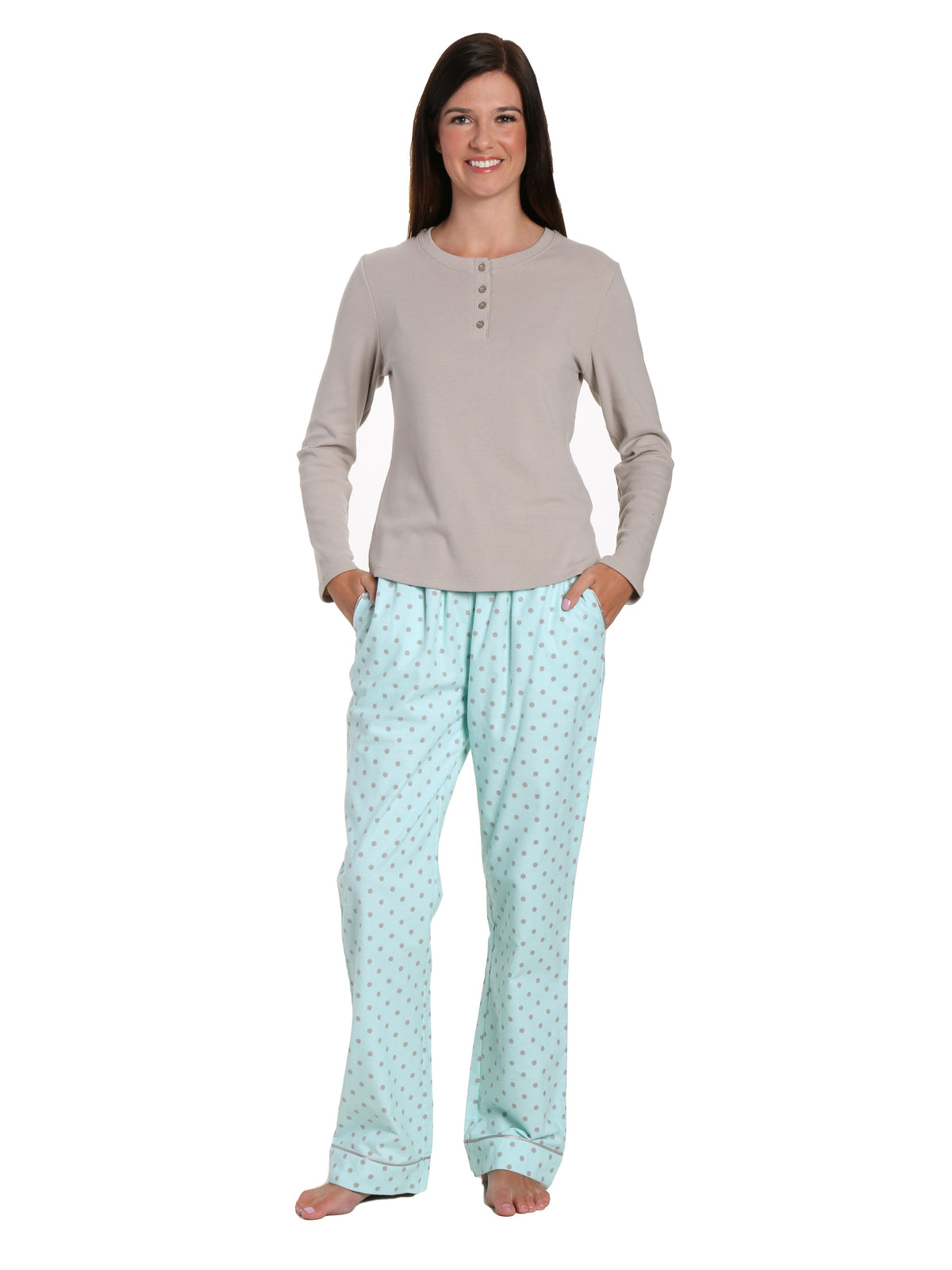 Womens Premium Cotton Flannel Loungewear Set - Dots Diva Aqua-Gray
