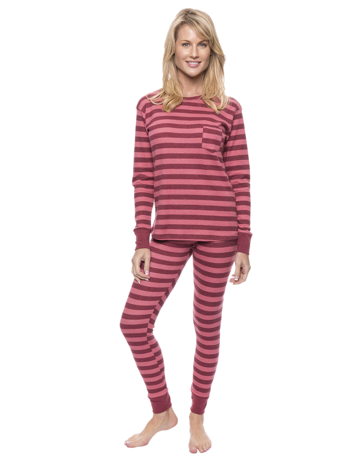 Womens Waffle Knit Thermal Sleep Set - Cute Prints - Stripes Pink