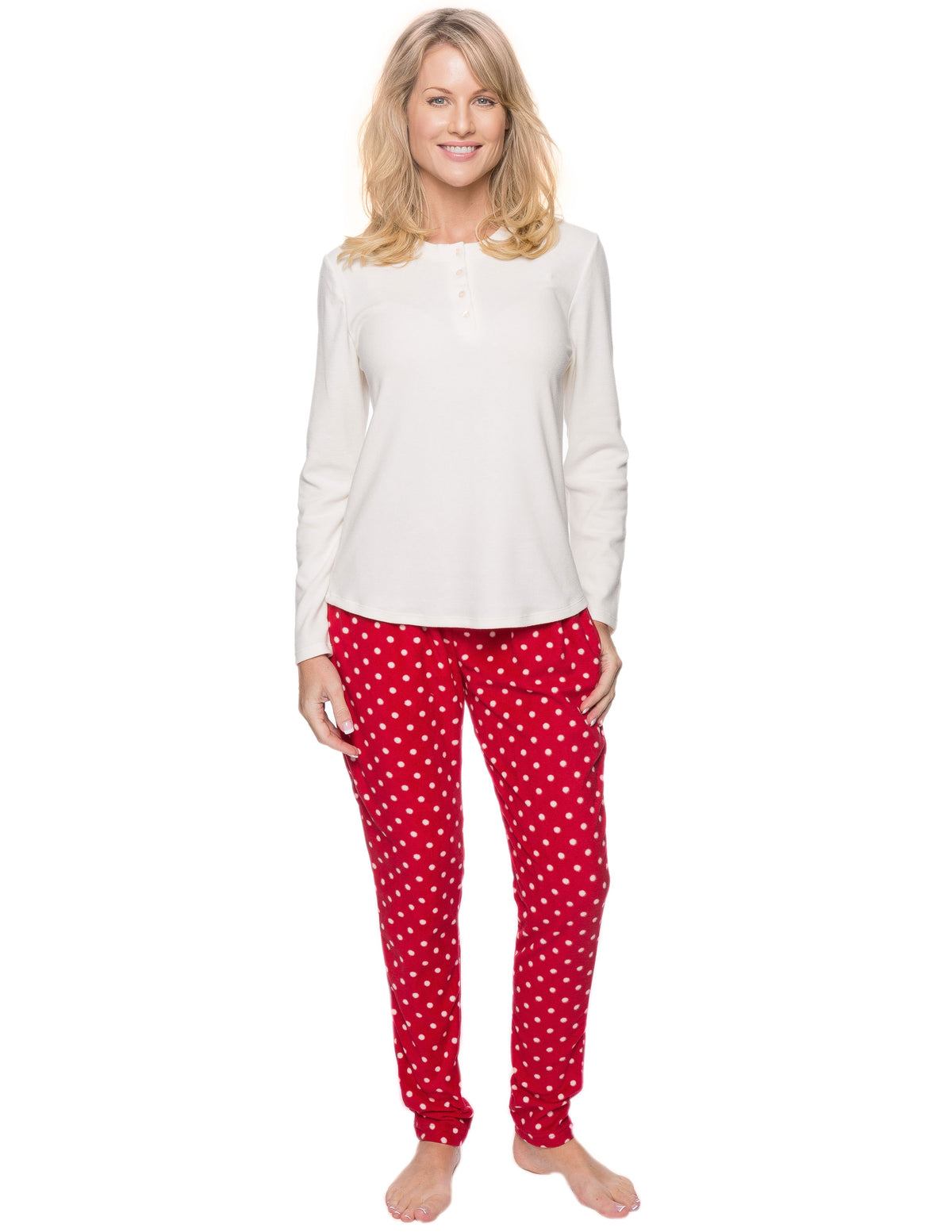 Womens Microfleece Lounge Set With Tapered Pants - Dots Diva Red/White