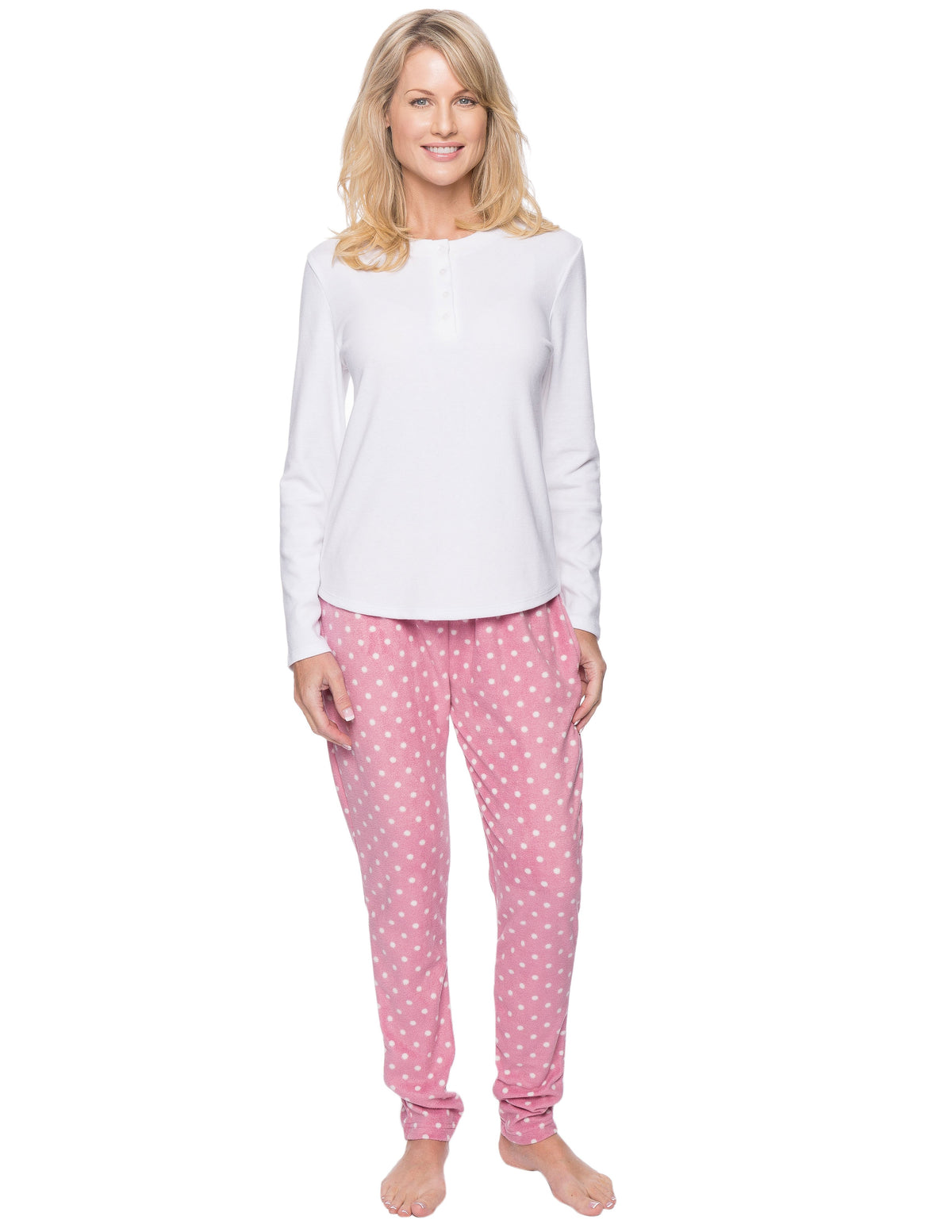 Womens Microfleece Lounge Set With Tapered Pants - Dots Diva Pink/White