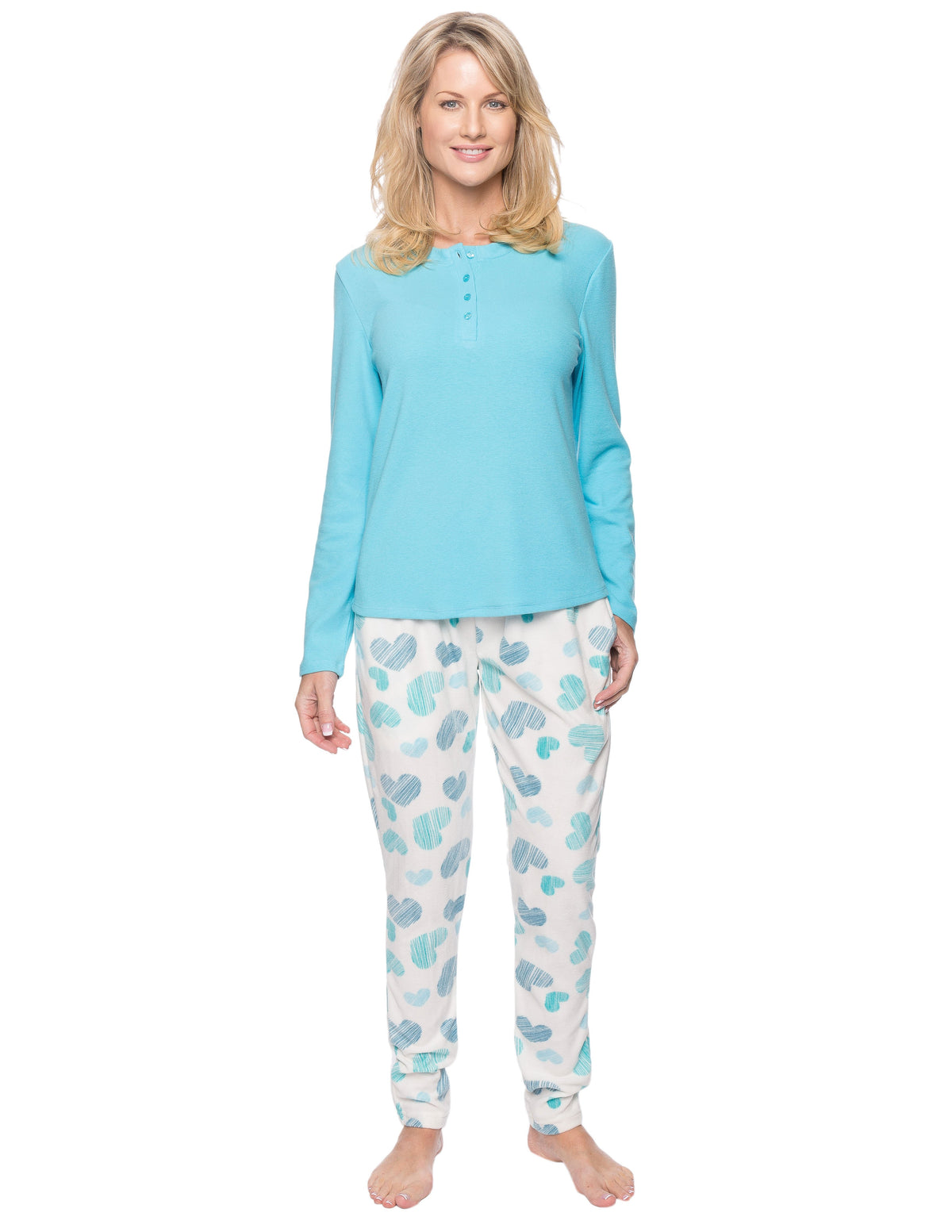 Womens Microfleece Lounge Set With Tapered Pants - Scribbled Hearts White/Blue