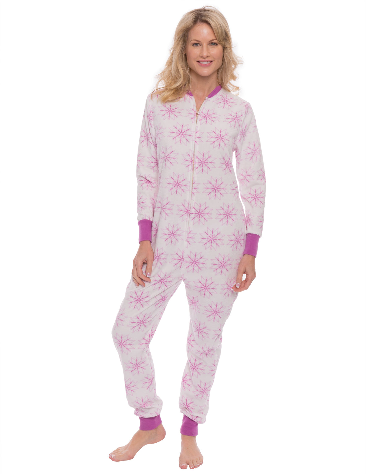Women's Premium Microfleece Onesie Jumper Pajama - Snowflakes White/Purple