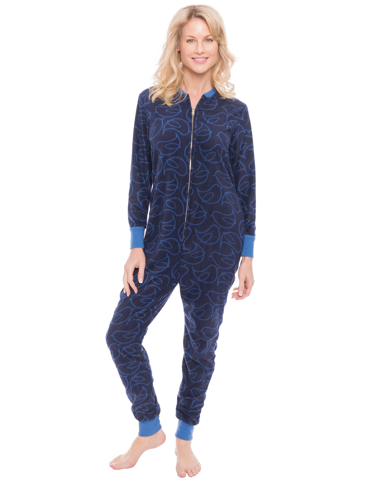 Women's Premium Microfleece Onesie Jumper Pajama - Bird Maze Navy