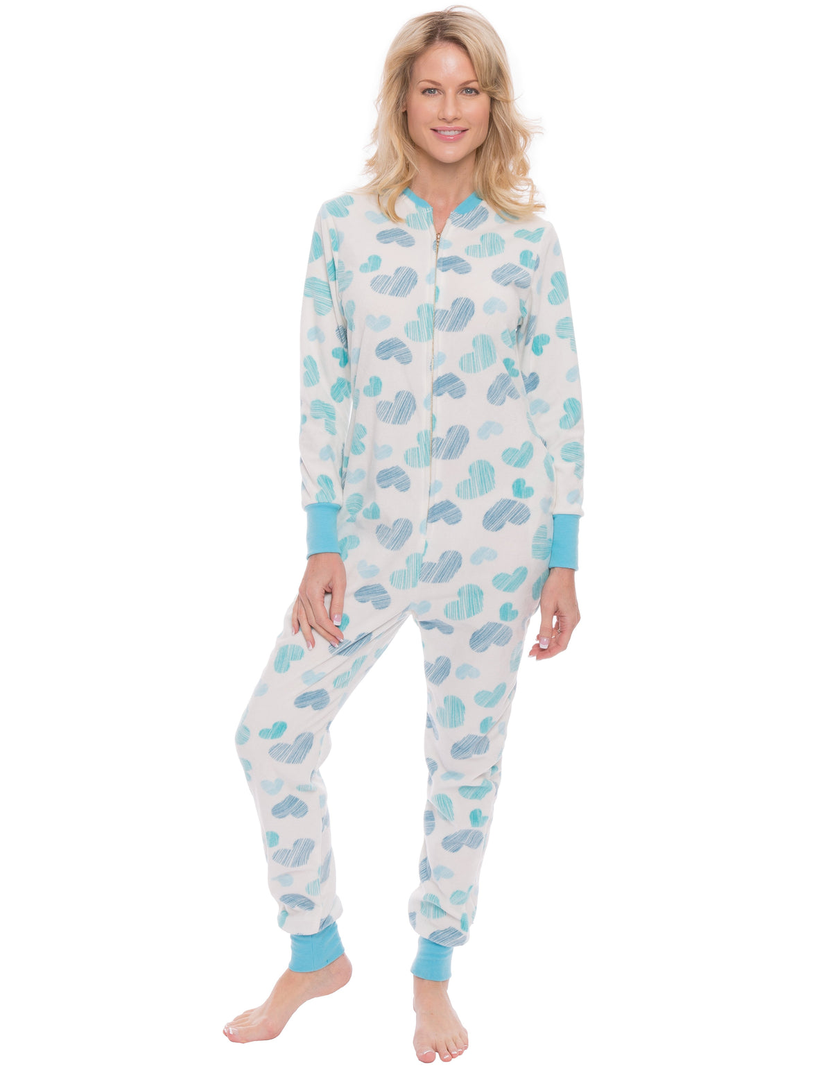 Women's Premium Microfleece Onesie Jumper Pajama - Scribbled Hearts White/Blue