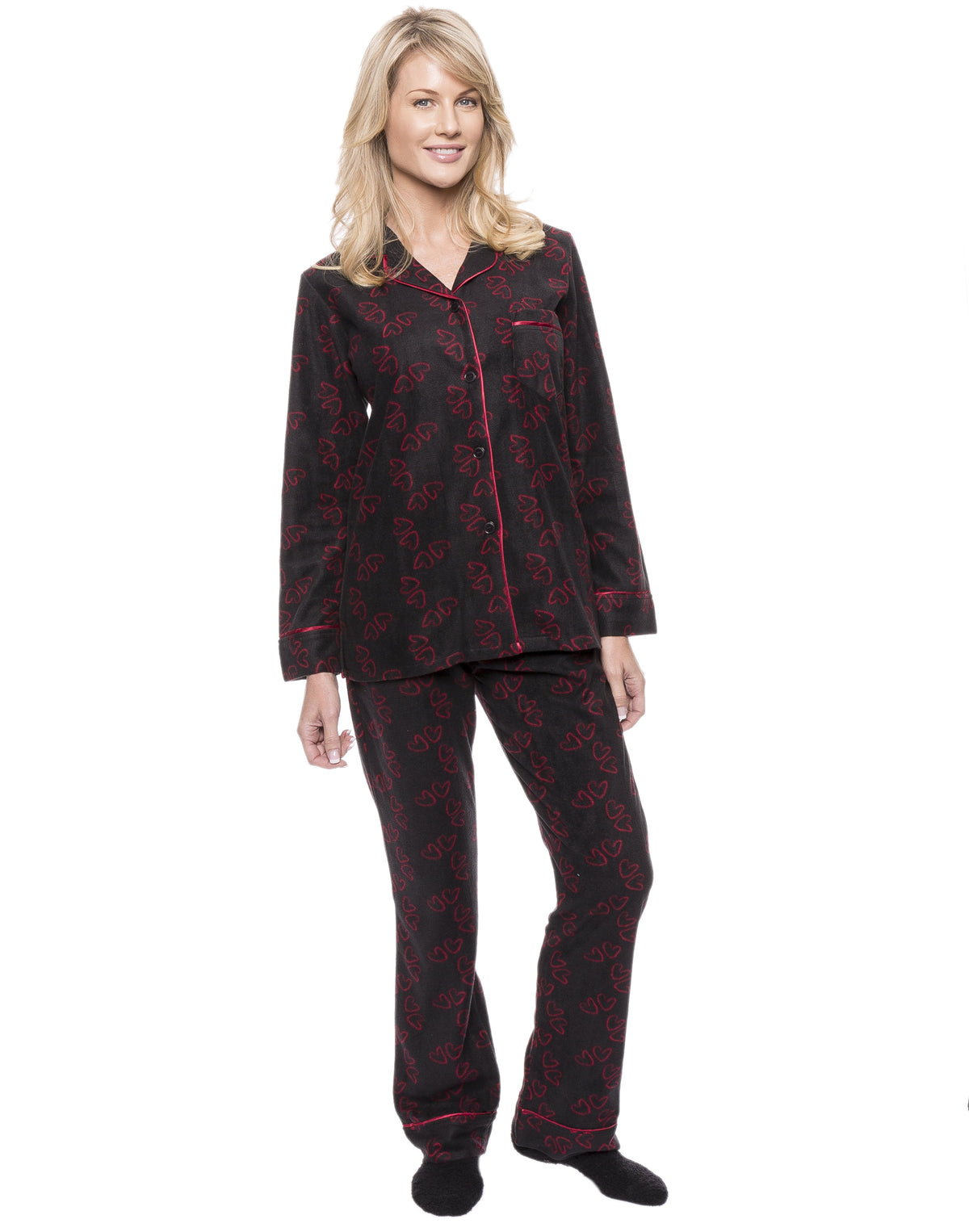 Womens Microfleece Pajama Sleepwear Set - Hearts Black/Red