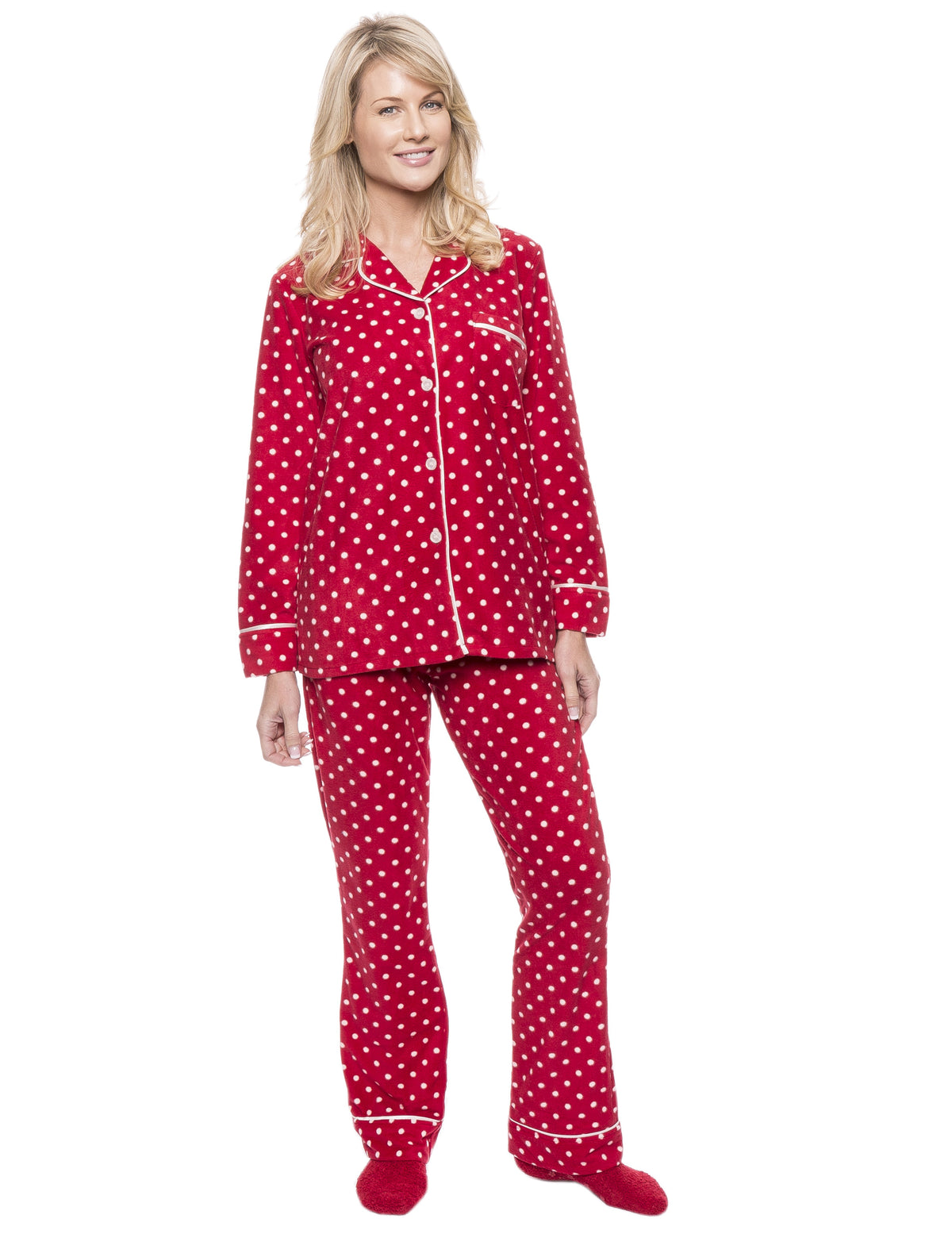 Womens Microfleece Pajama Sleepwear Set - Dots Diva Red/White