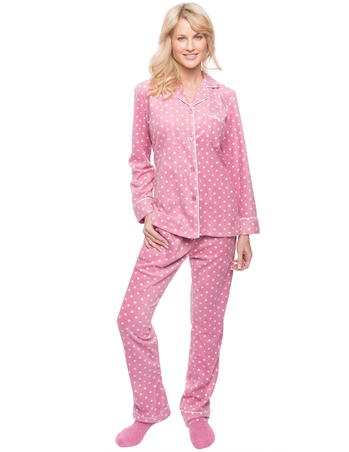 Womens Microfleece Pajama Sleepwear Set - Dots Diva Pink/White