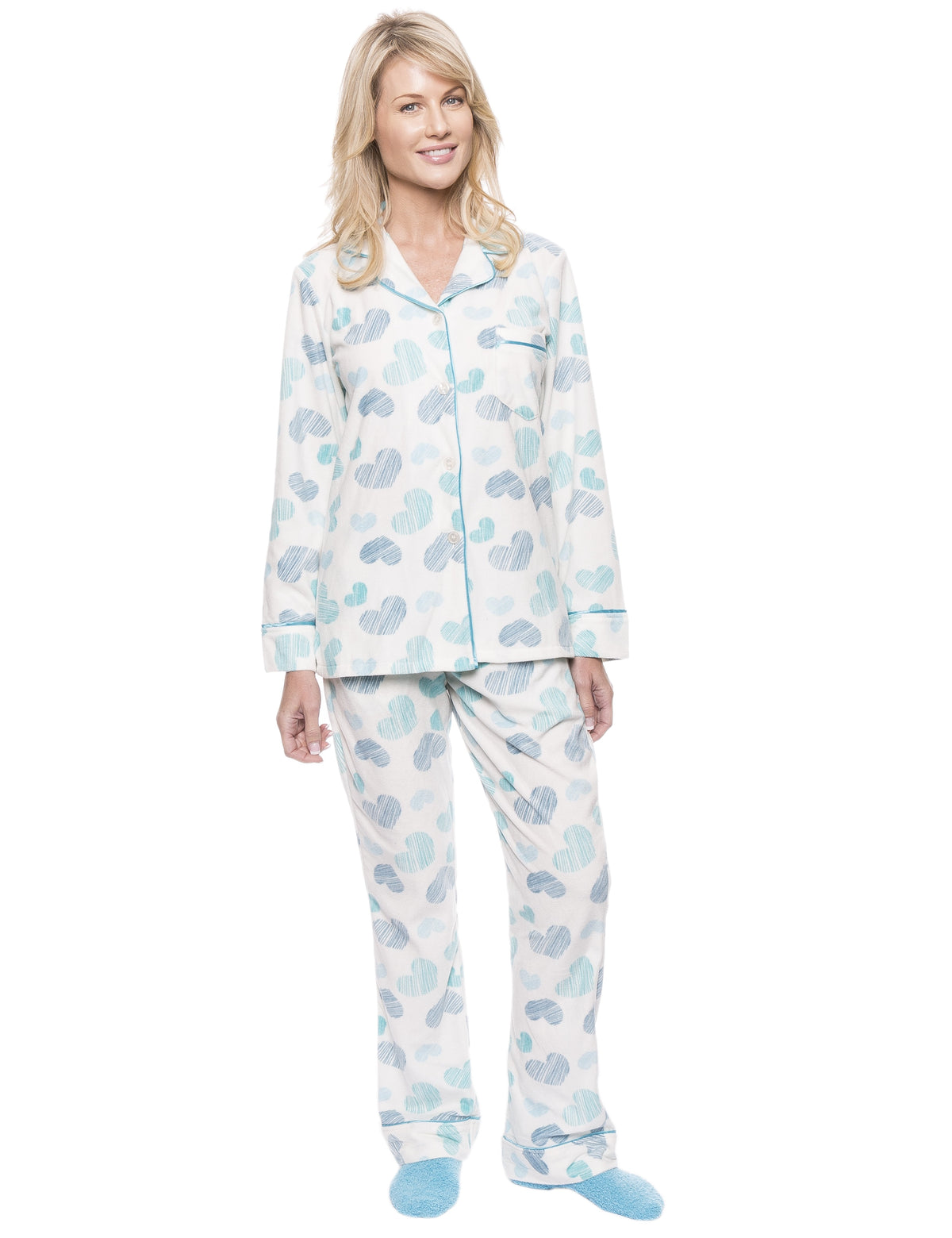 Womens Microfleece Pajama Sleepwear Set - Scribbled Hearts White/Blue