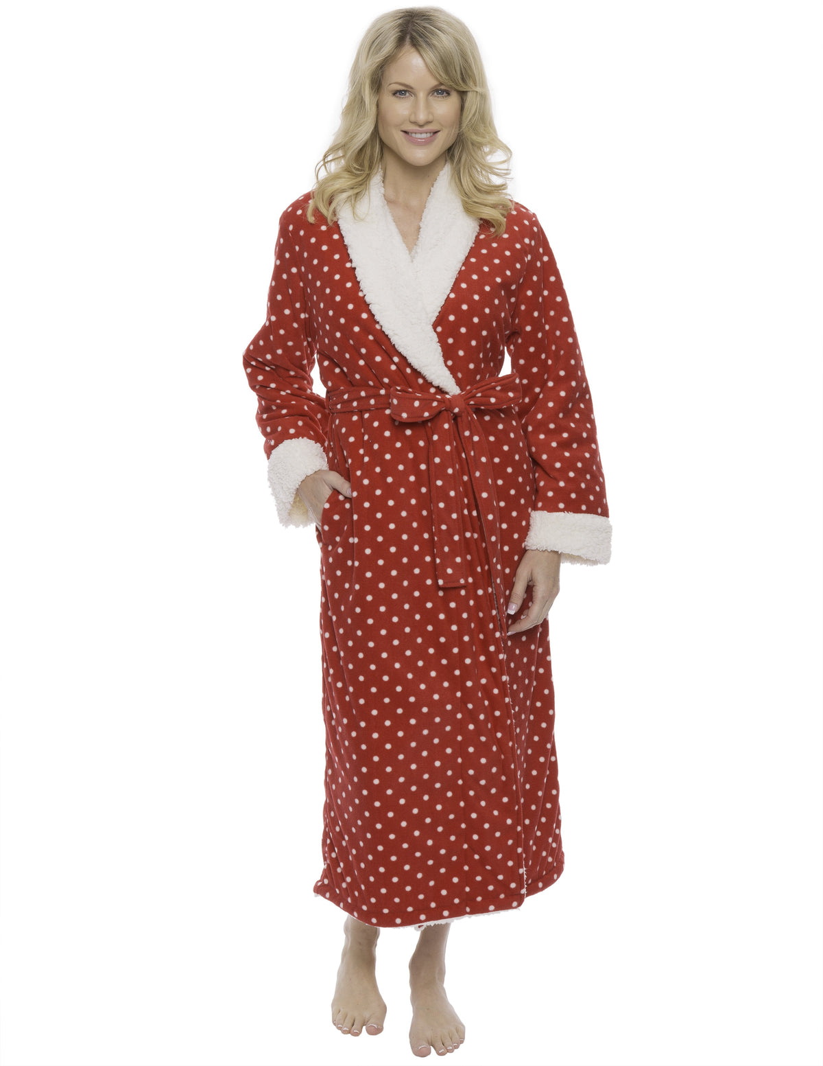 Womens Premium Microfleece Shearling Lined Robe - Dots Diva Red/White