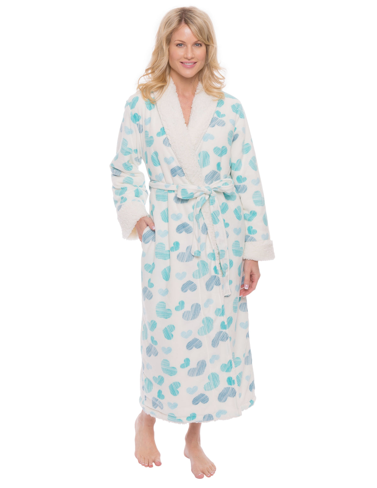 Womens Premium Microfleece Shearling Lined Robe - Scribbled Hearts White/Blue