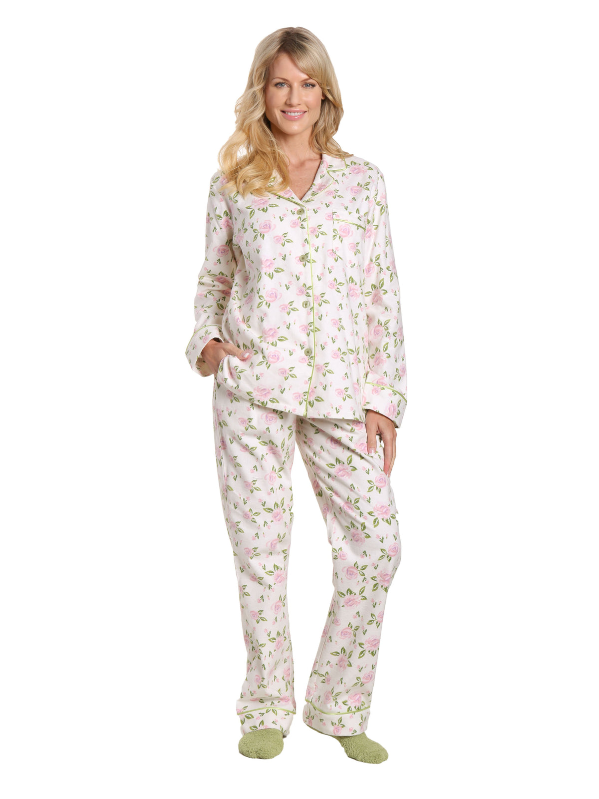 Box Packaged Women's Premium 100% Cotton Flannel Pajama Sleepwear Set - Gardenia Cream-Pink