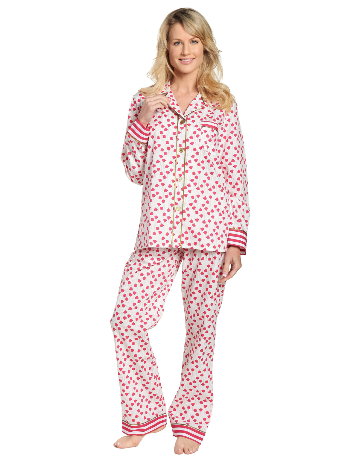 Womens Premium 100% Cotton Poplin Pajama Set with Contrast Cuffs - Poppies Red-White