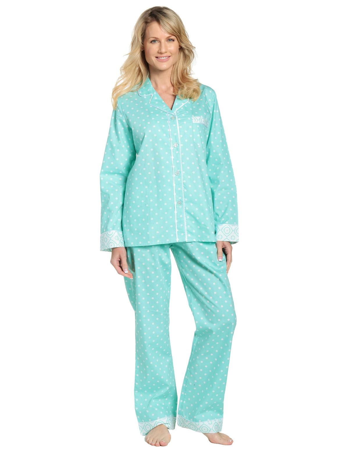Womens Premium 100% Cotton Poplin Pajama Set with Contrast Cuffs - Dots Diva Aqua-White