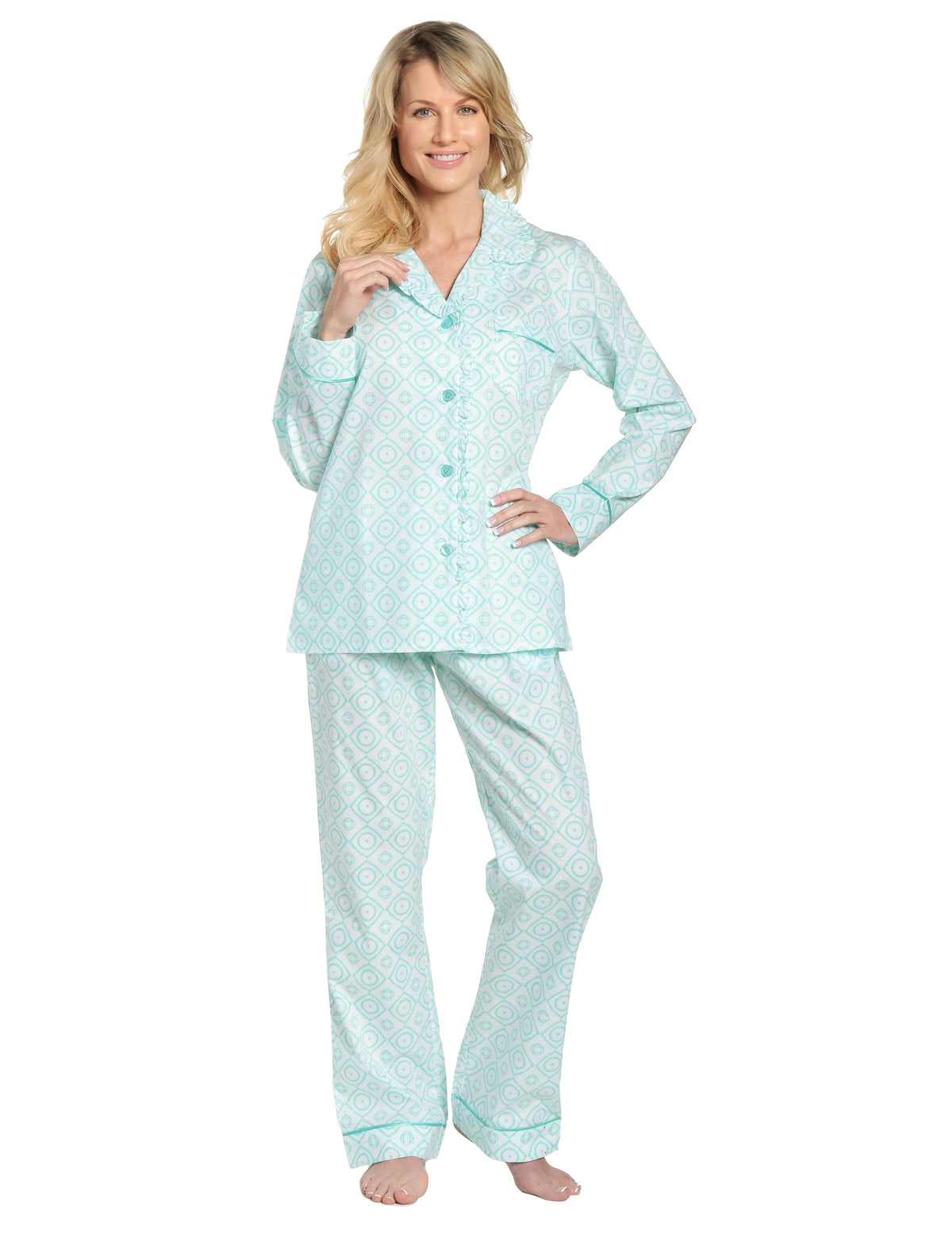 Womens Premium 100% Cotton Poplin Pajama Set with Ruffles - Moroccan Aqua-White