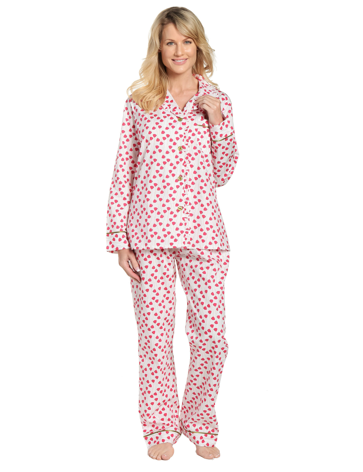 Womens Premium 100% Cotton Poplin Pajama Set with Ruffles - Poppies Red-White