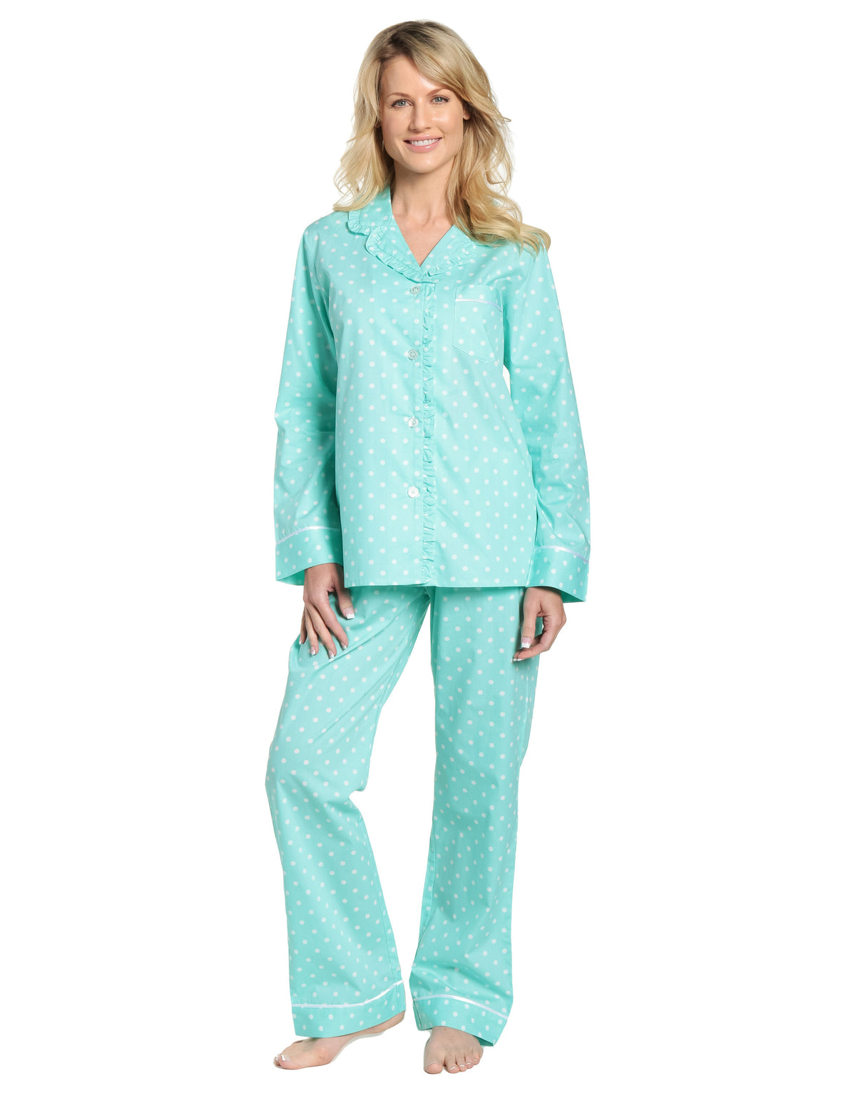 Womens Premium 100% Cotton Poplin Pajama Set with Ruffles - Dots Diva Aqua-White