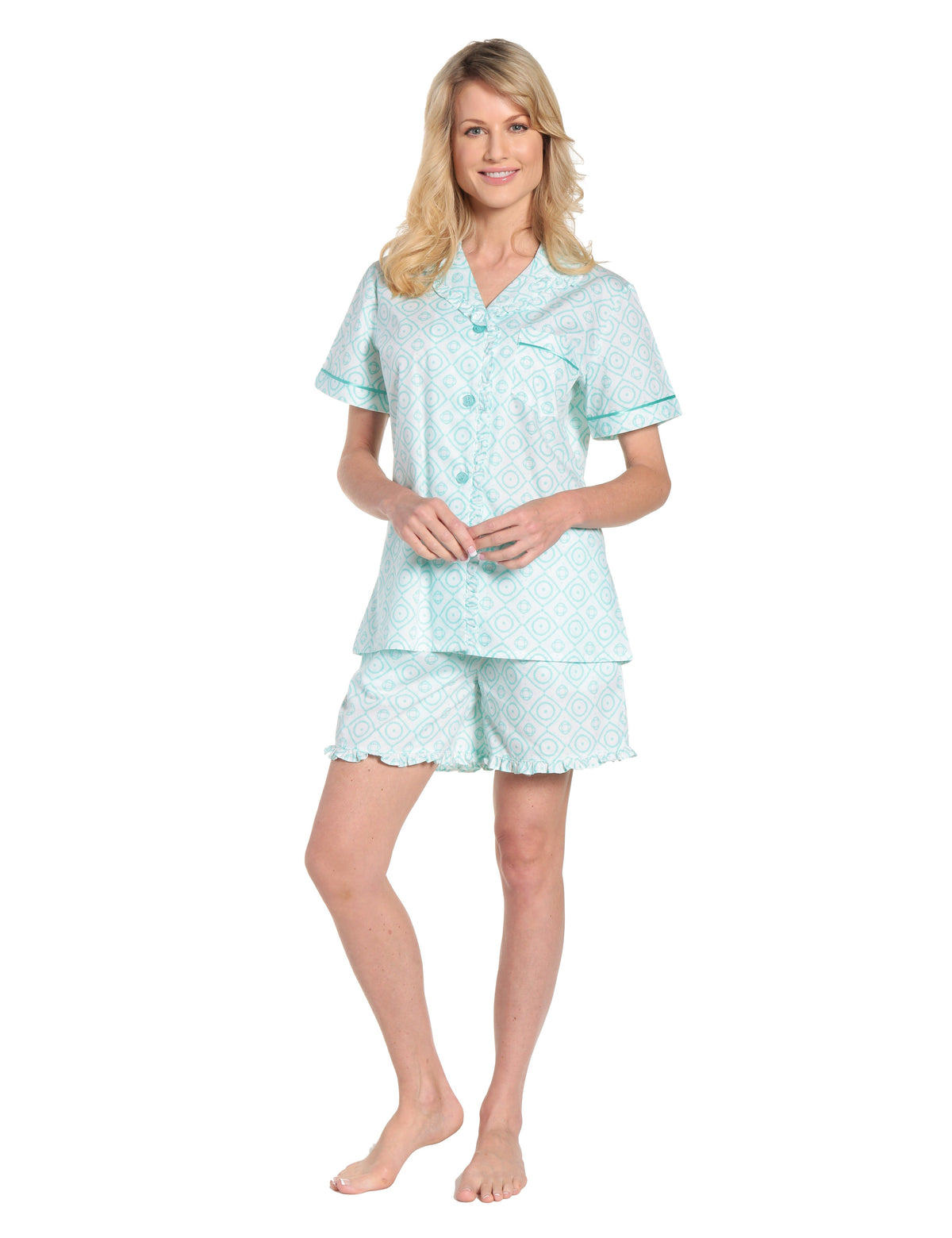 Womens Premium 100% Cotton Poplin Sort Pajama Set with Ruffles - Moroccan Aqua-White