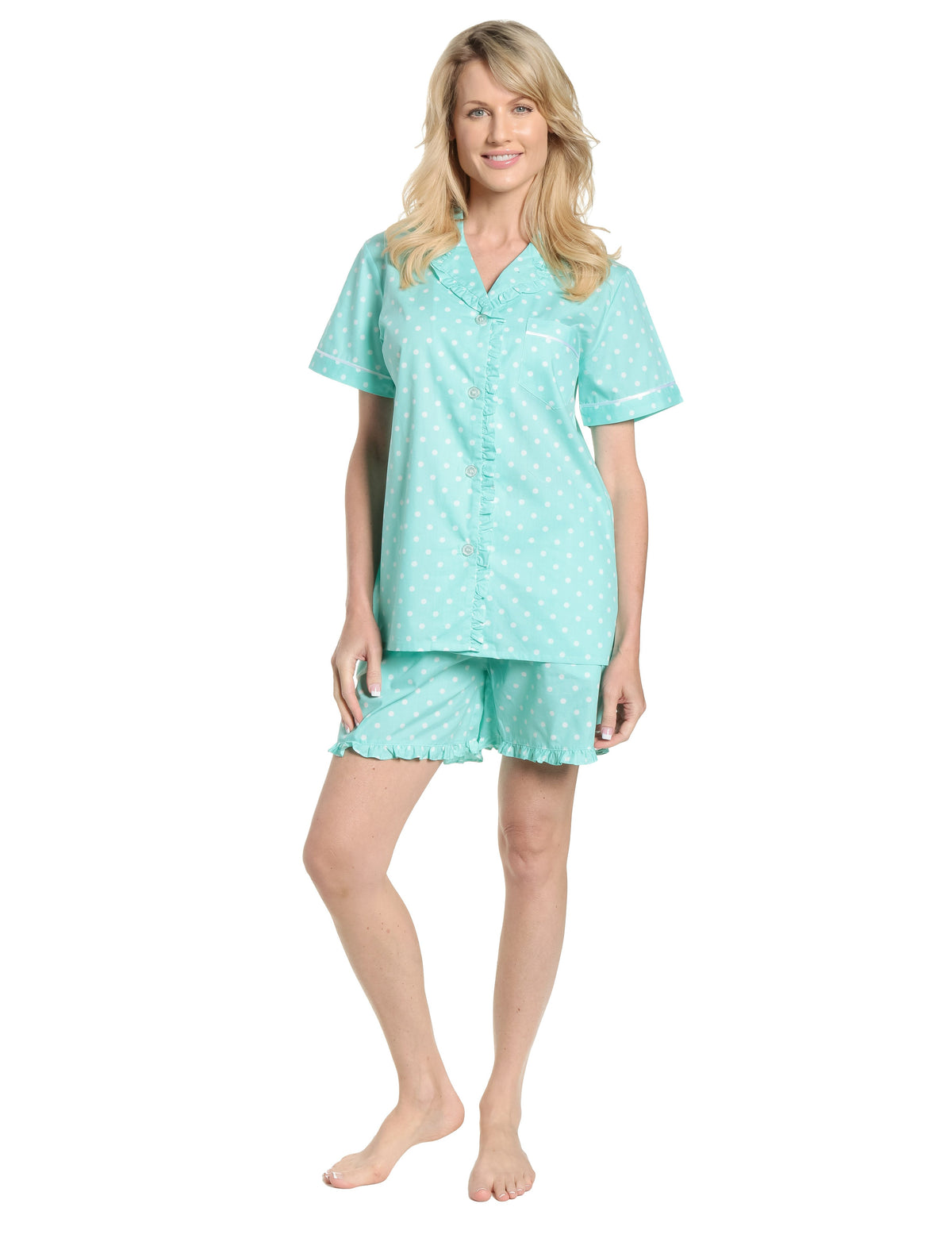 Womens Premium 100% Cotton Poplin Sort Pajama Set with Ruffles - Dots Diva Aqua-White