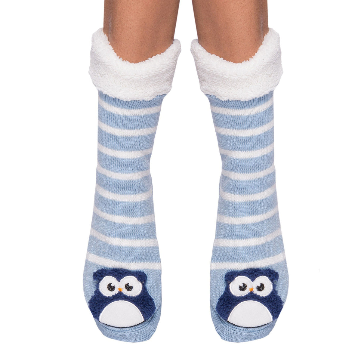 Women's Cute Knit Animal Face Slipper Socks - Owl Blue