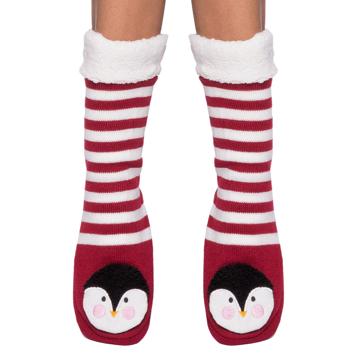 Women's Cute Knit Animal Face Slipper Socks - Penguin Plum