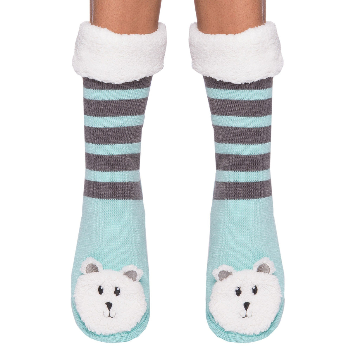 Women's Cute Knit Animal Face Slipper Socks - Polar Bear Aqua