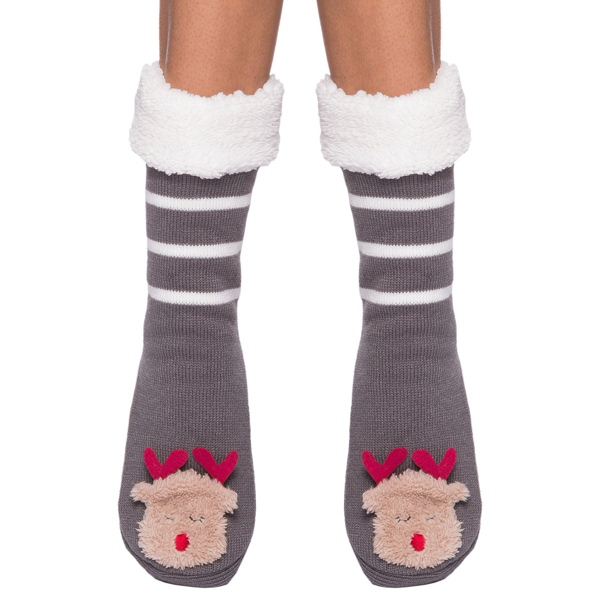 Women's Cute Knit Animal Face Slipper Socks - Reindeer Charcoal