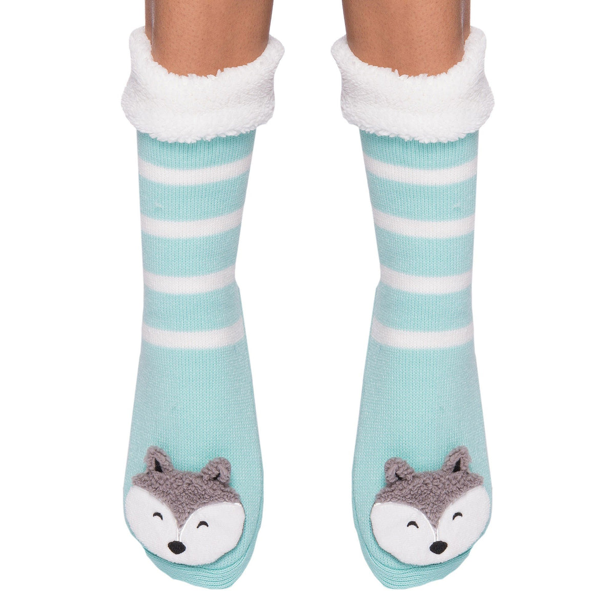 Women's Cute Knit Animal Face Slipper Socks - Wolf Aqua