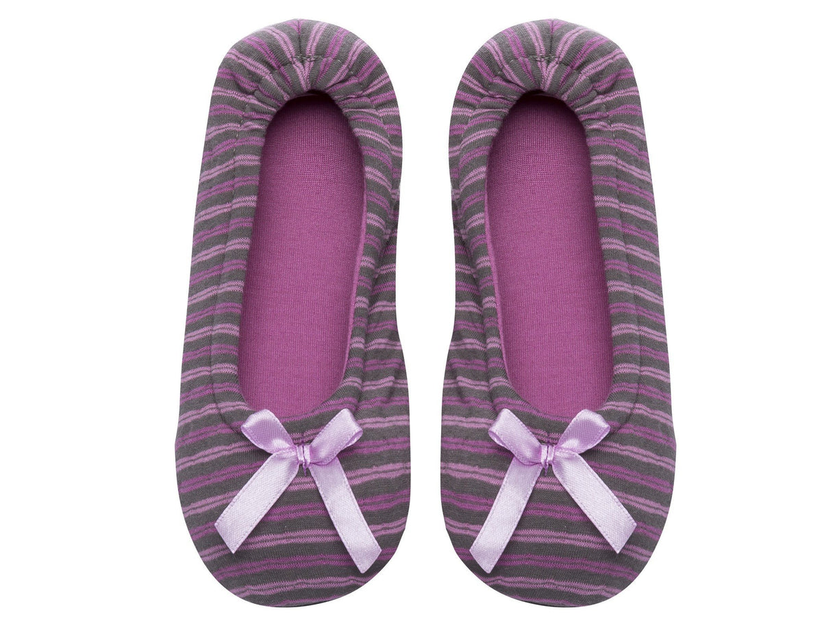 Women's Double Layer Jersey Ballet Slipper with Bow Detail - Stripes Charcoal/Pink