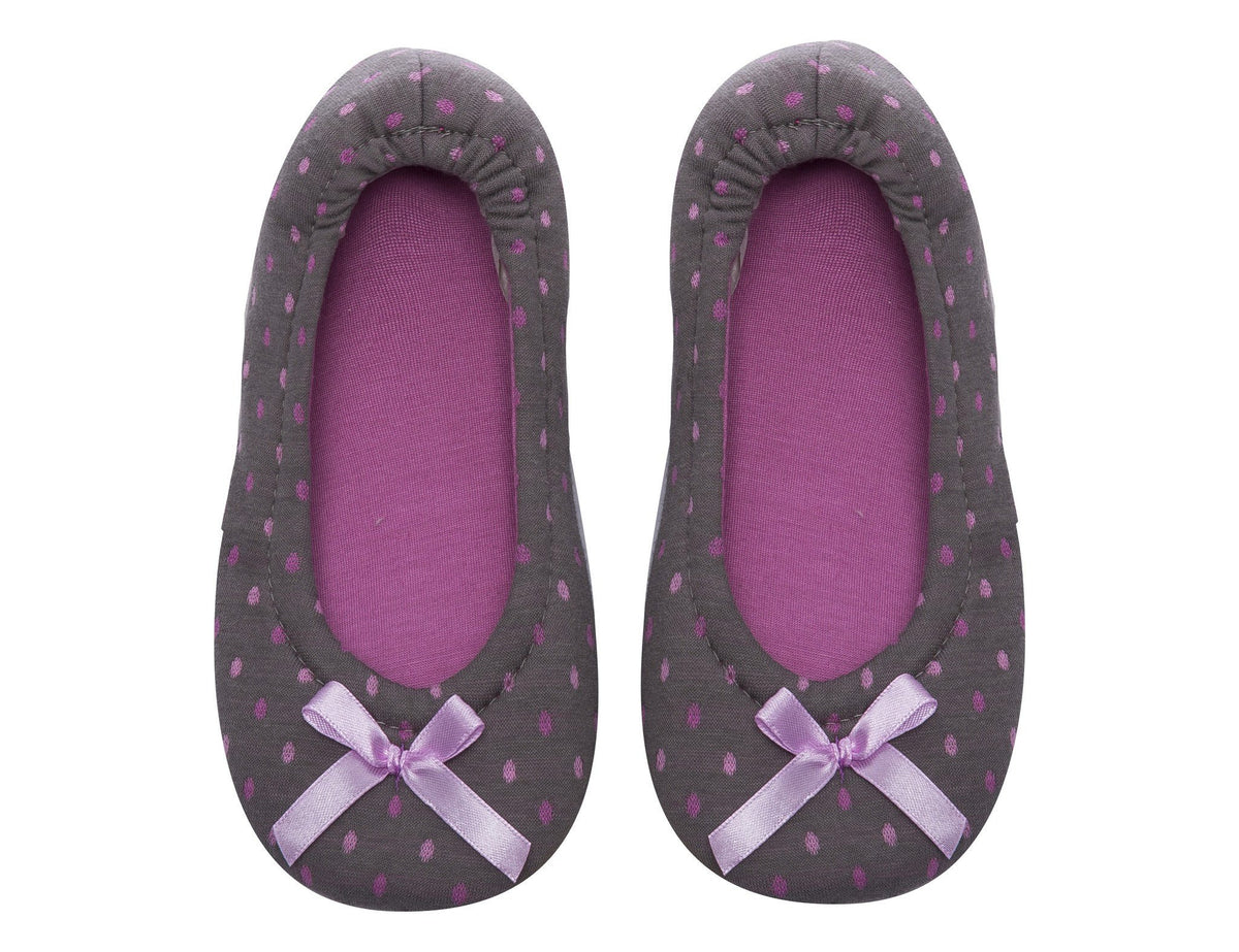 Women's Double Layer Jersey Ballet Slipper with Bow Detail - Polka Dots Charcoal/Pink