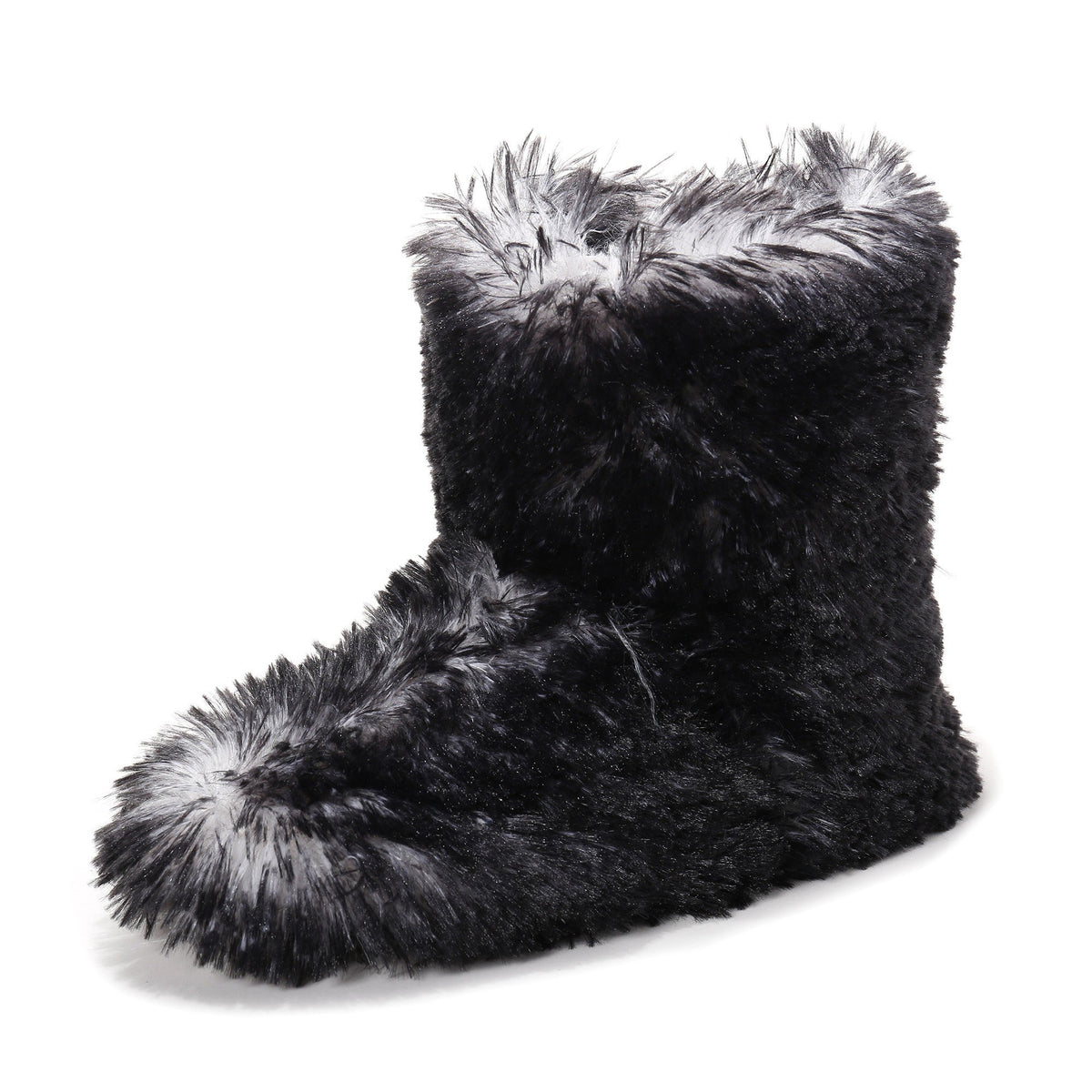 Women's Hi-Fashion Two Tone Faux Fur Boot Slipper - Black Briard