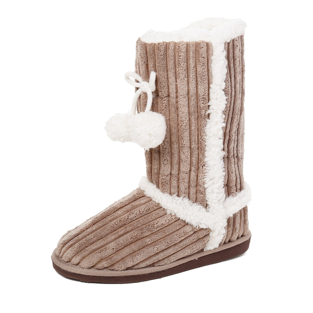 Women's Textured Shearling Tall Boot Slipper with Pom Detail - Beige