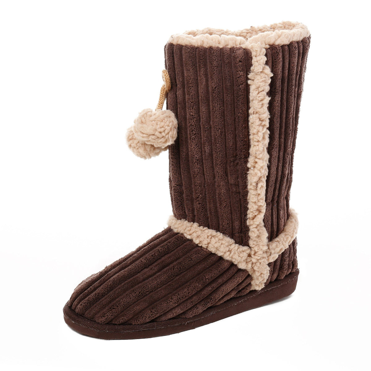 Women's Textured Shearling Tall Boot Slipper with Pom Detail - Brown