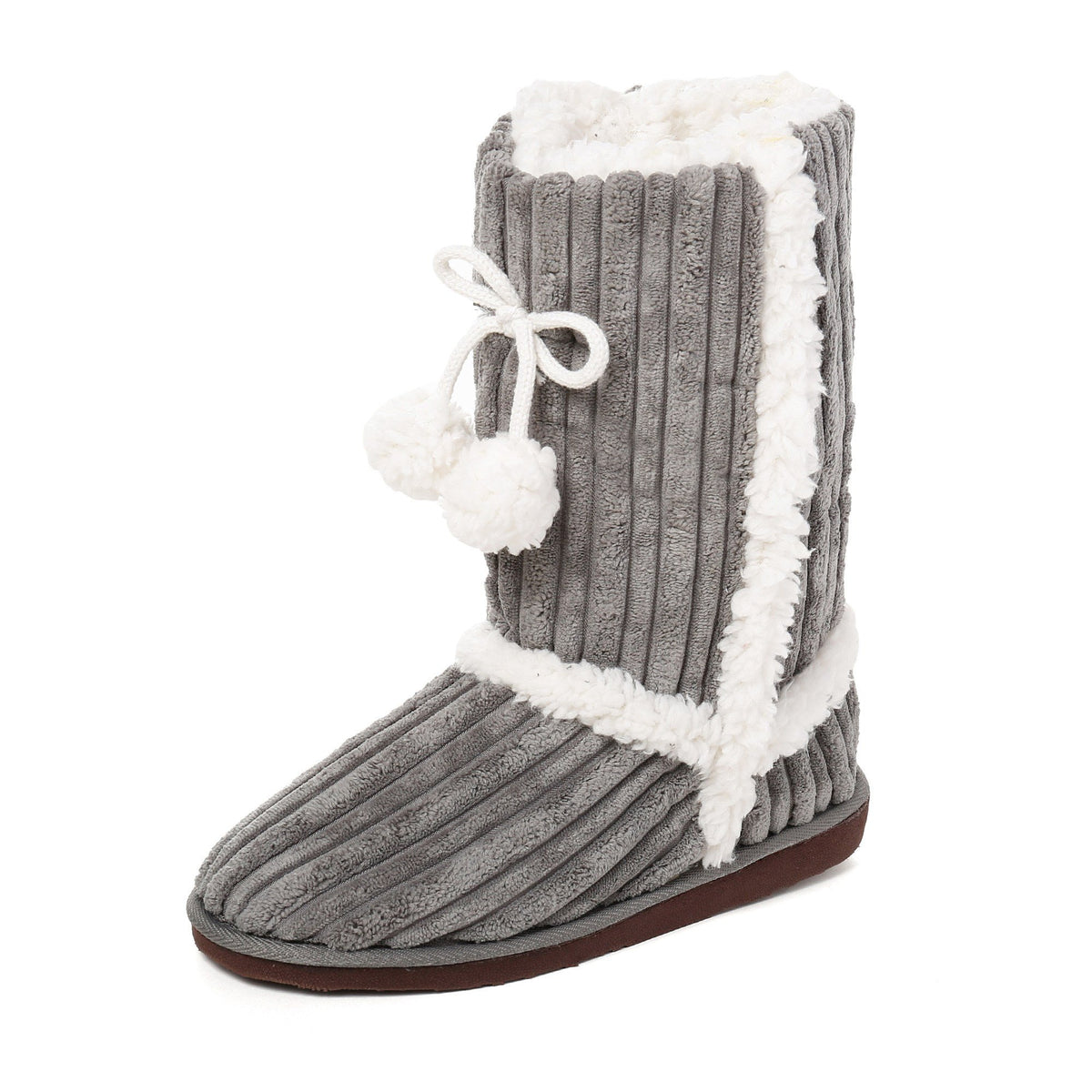 Women's Textured Shearling Tall Boot Slipper with Pom Detail - Grey