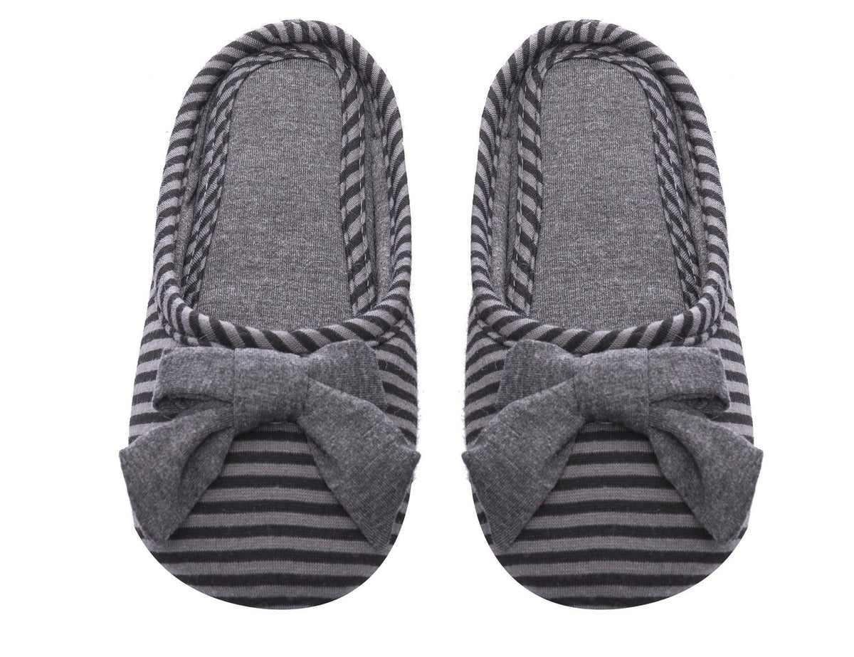 Women's Slip On Striped Slipper with Accent Bow - Black