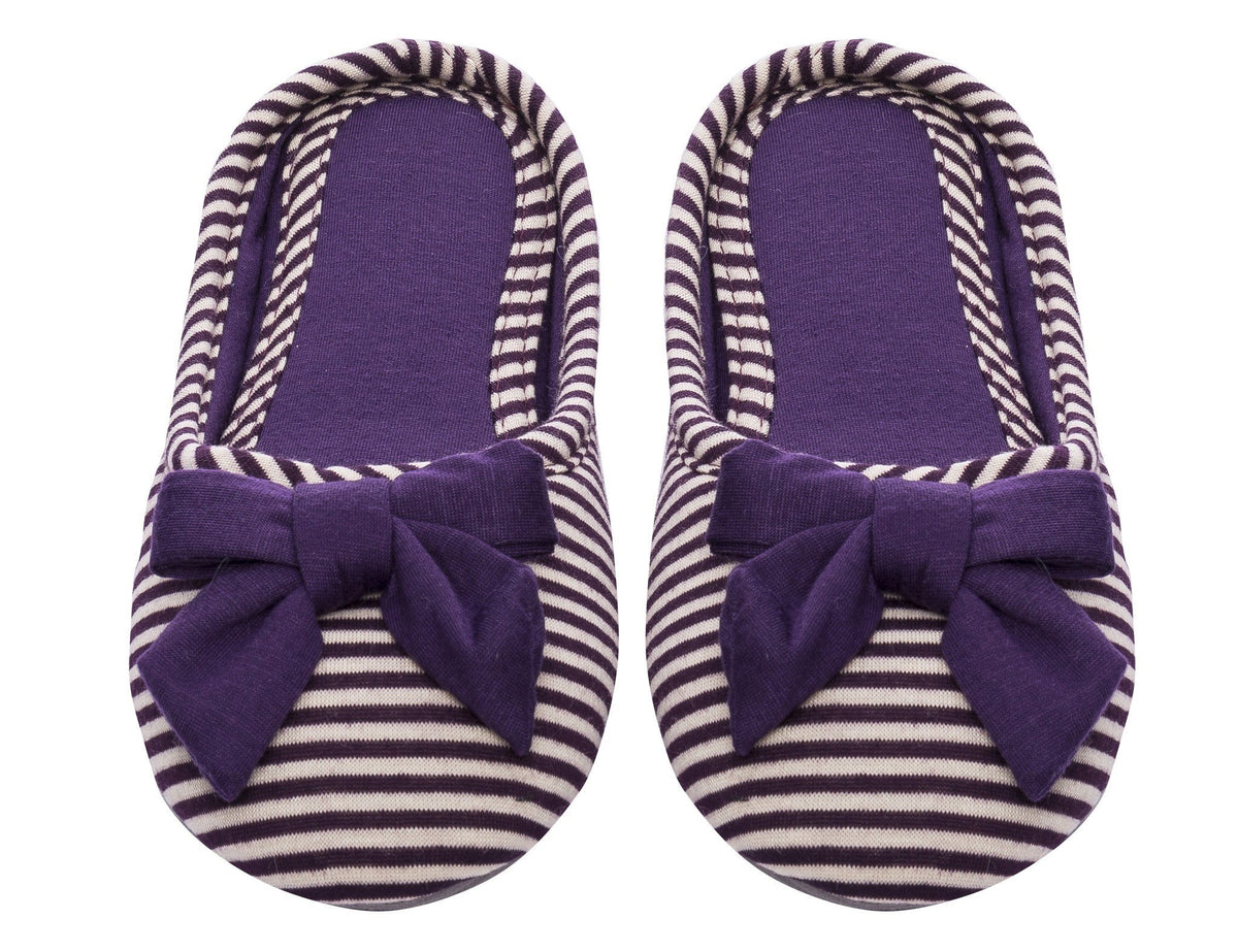 Women's Slip On Striped Slipper with Accent Bow - Purple