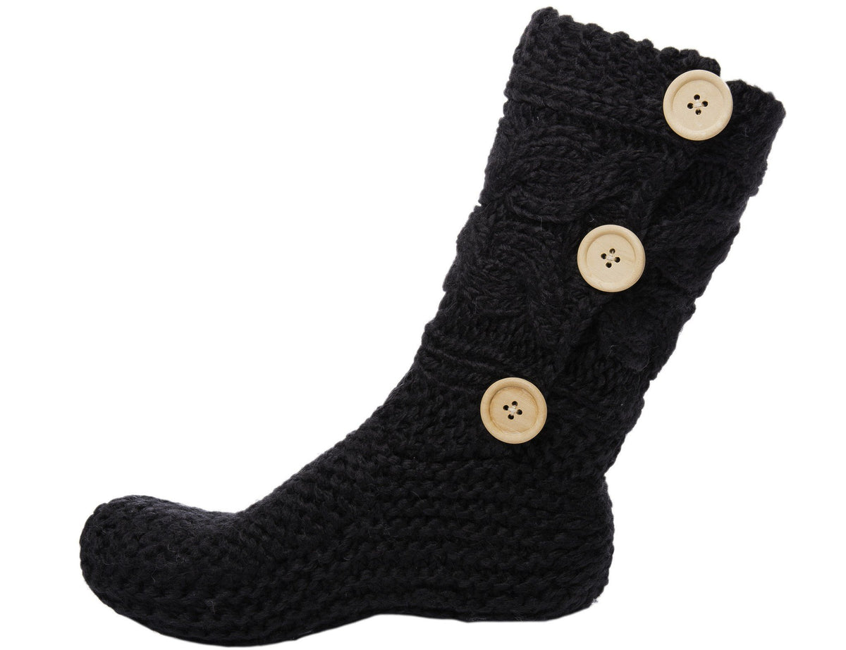 Women's Thick Knit Sweater Slipper Socks with Button Accent - Black