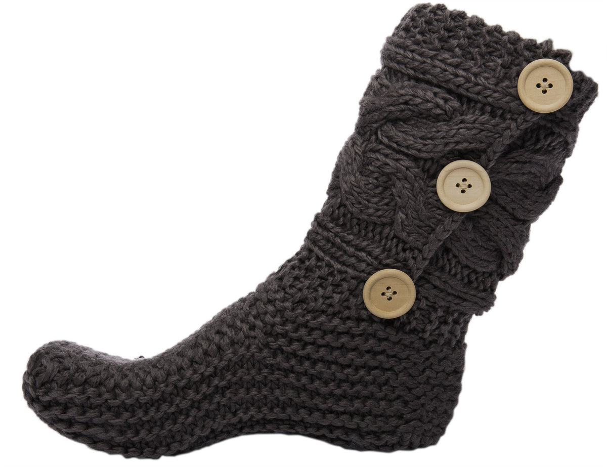 Women's Thick Knit Sweater Slipper Socks with Button Accent - Grey