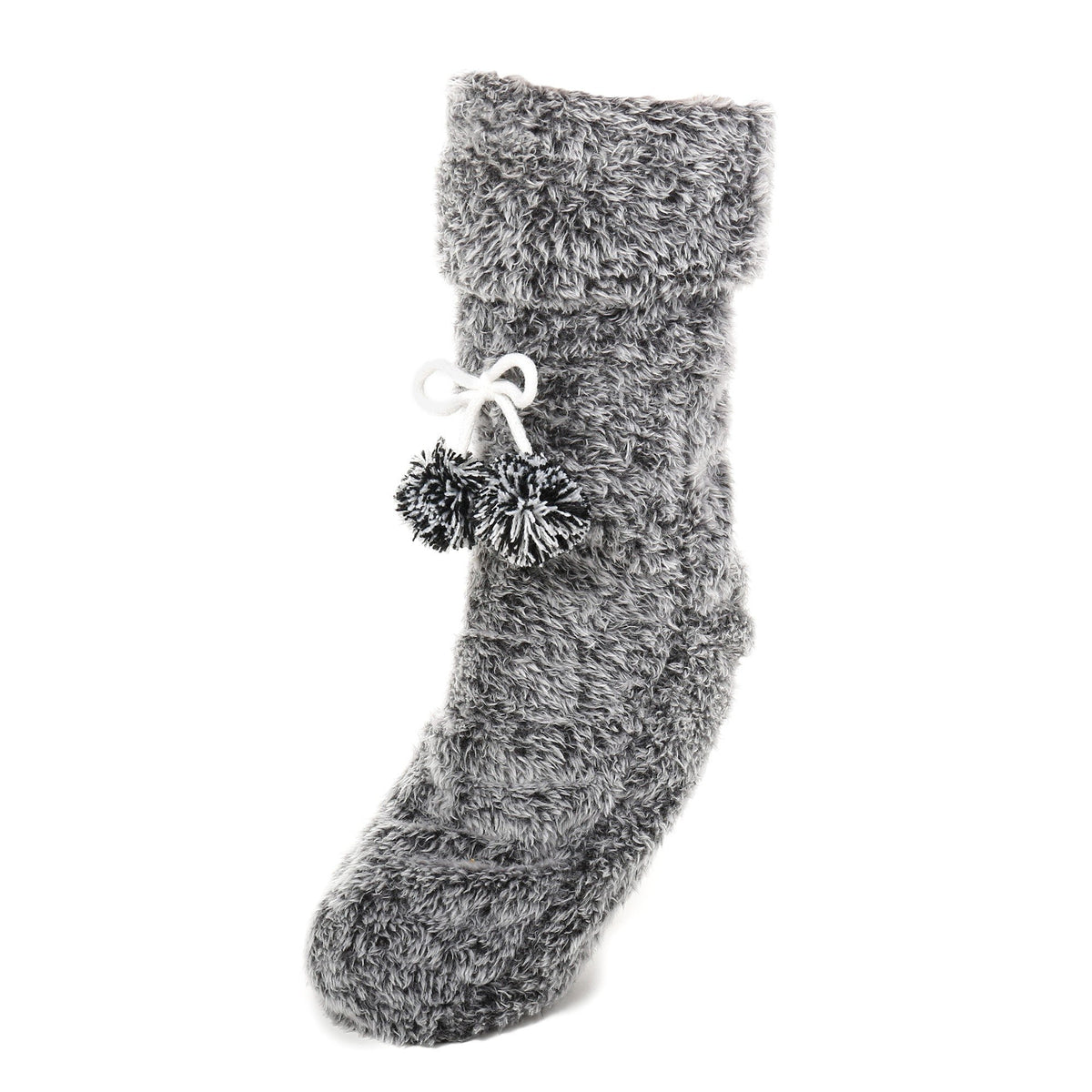 Women's Fuzzy Plush Tall Slipper Socks with Pom-Poms - Black