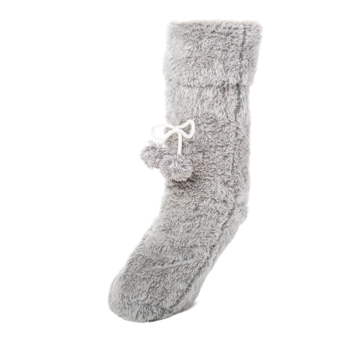 Women's Fuzzy Plush Tall Slipper Socks with Pom-Poms - Grey