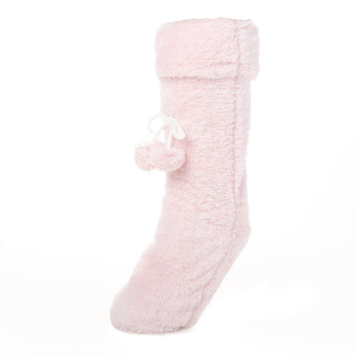 Women's Fuzzy Plush Tall Slipper Socks with Pom-Poms - Pink