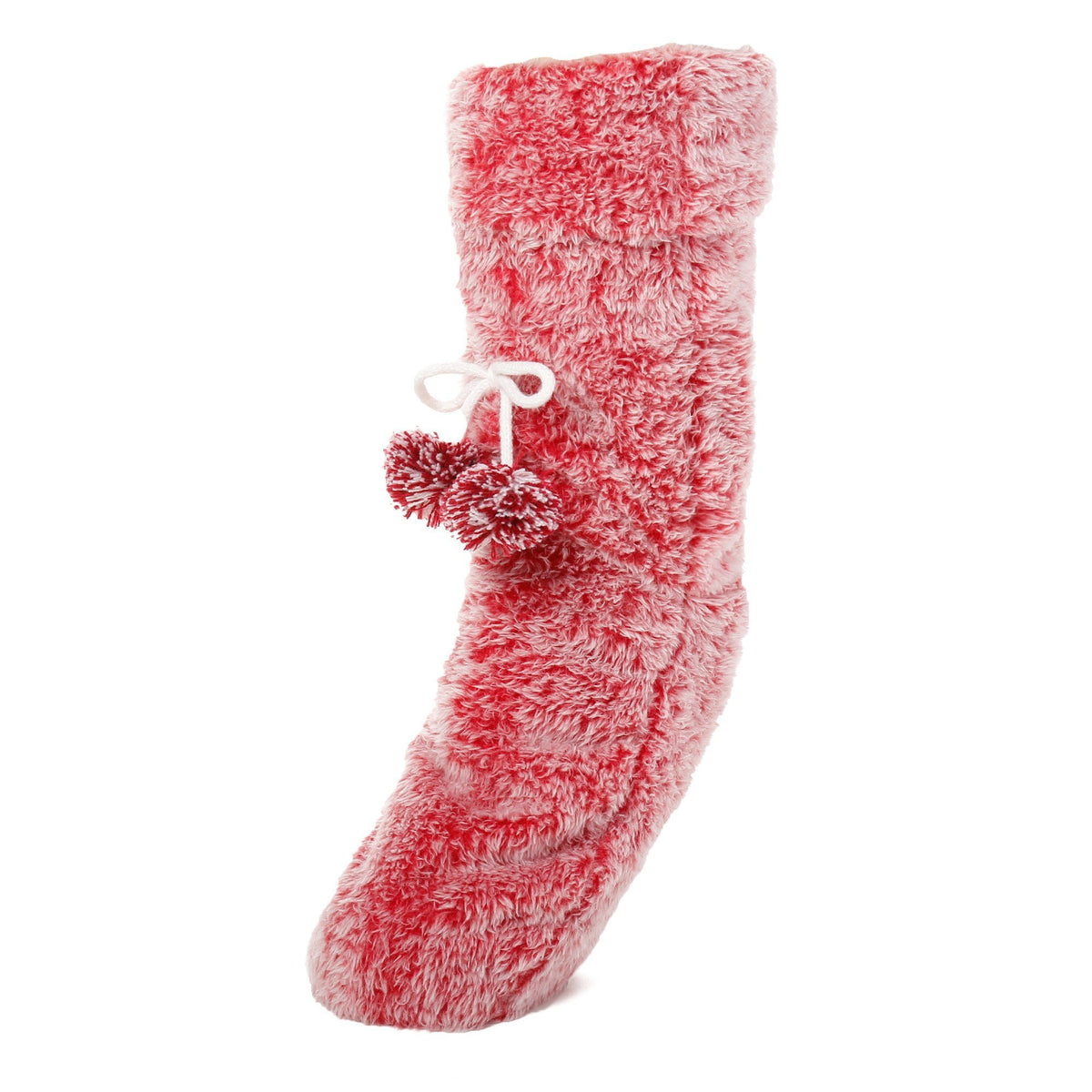 Women's Fuzzy Plush Tall Slipper Socks with Pom-Poms - Red